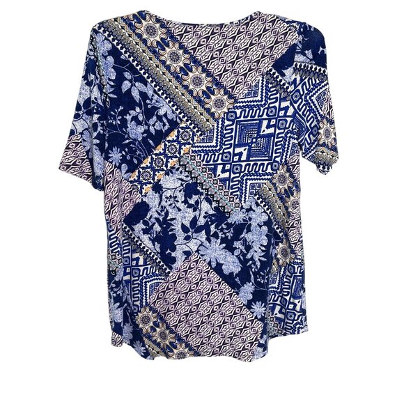 Chicos Blue Patchwork Print Blouse Medium Short Sleeve Boho Floral Top - Picture 10 of 12